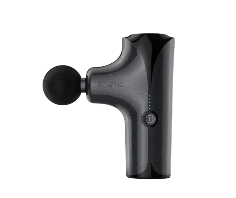Compact black RENPHO Mini massage gun with round head and carrying case