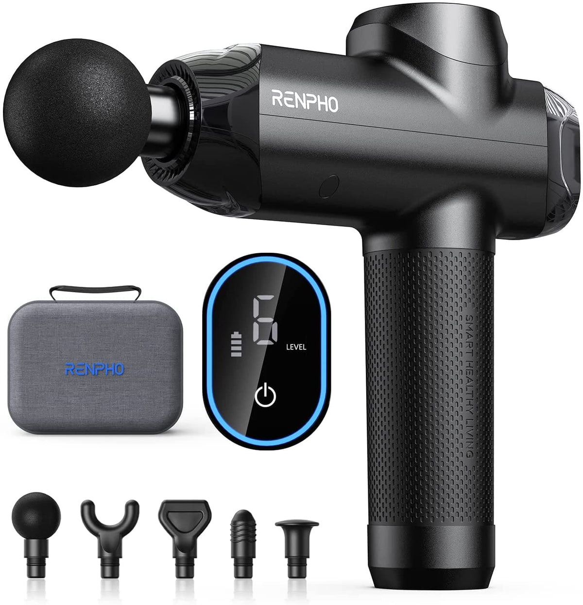 A RENPHO KR Power Massage Gun designed for fitness and recovery, complete with various attachments and accessories.