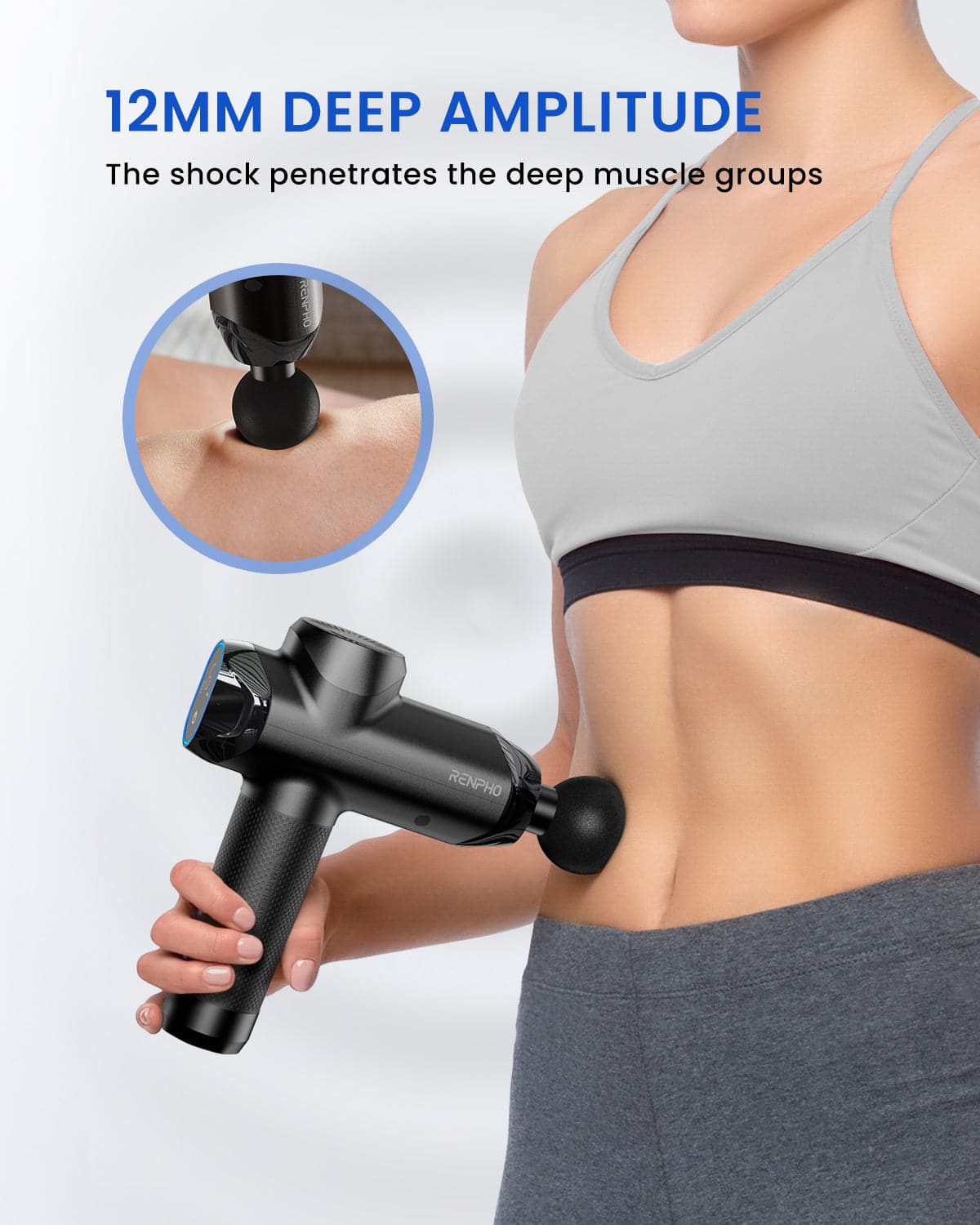 An image promoting wellness and recovery with a woman using the RENPHO Power Massage Gun for improving health.