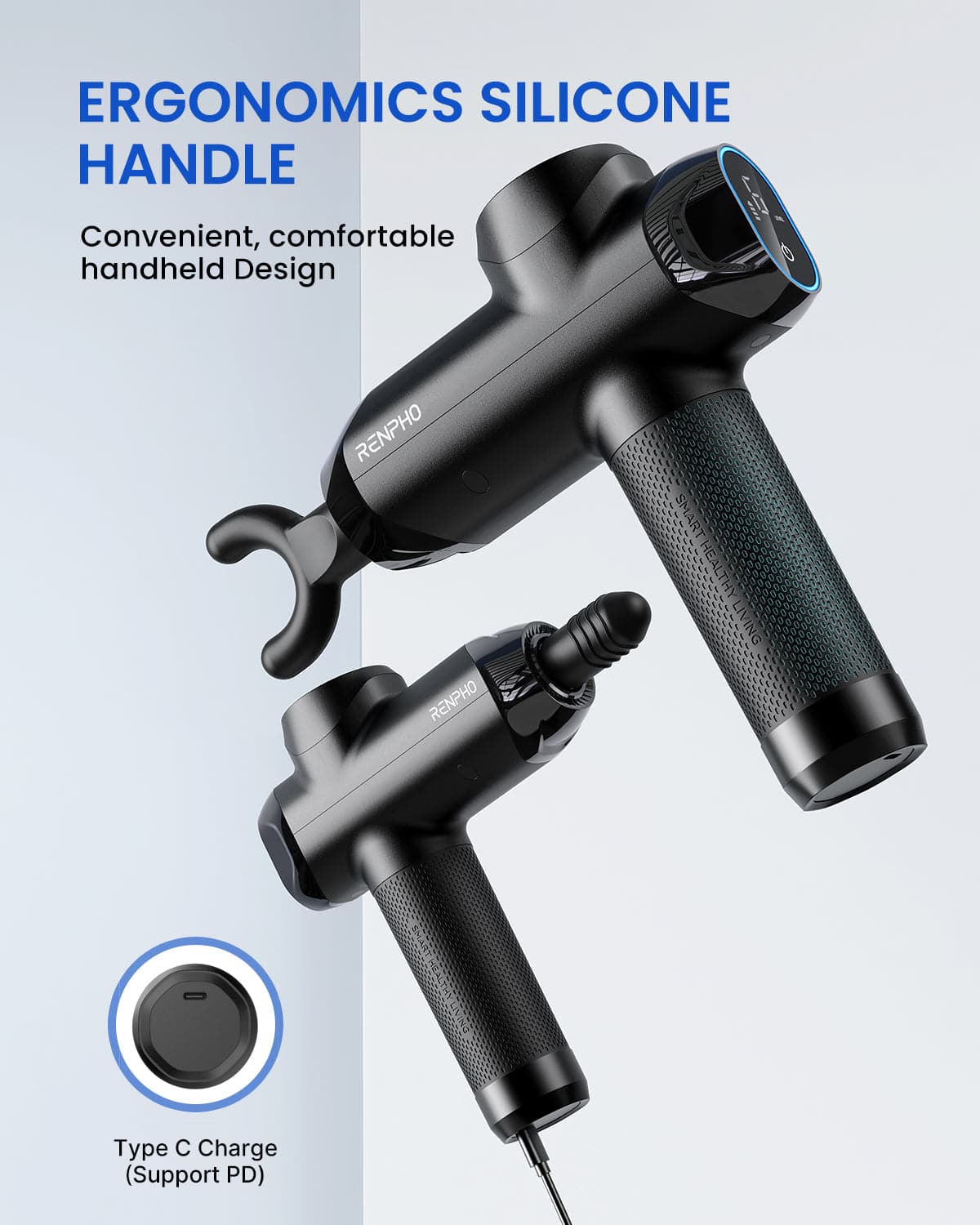 The RENPHO KR Power Massage Gun promotes recovery and wellness, displayed against a black background.
